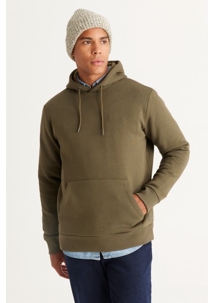 Erkek Haki Standart Fit Normal Kesim Içi Polarlı 3 Iplik Kapüşonlu Kanguru Cepli Pamuklu Sweatshirt