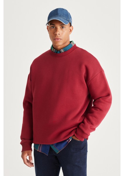 AC&Co / Altınyıldız Classics Erkek Bordo Oversize Bol Kesim Içi Polarlı 3 Iplik Bisiklet Yaka Pamuklu Sweatshirt