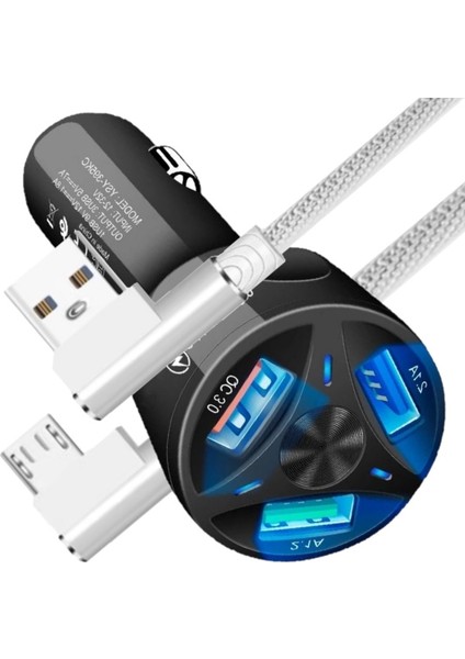 A3 Universal Araç Şarj Adaptörü -3 Girişli + J11 Micro USB 90 Derece 2.4A Şarj Kablosu -1mt