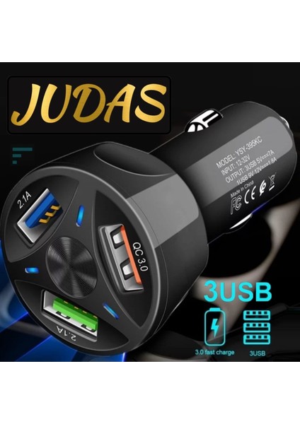 A3 Universal Araç Şarj Adaptörü -3 Girişli + J11 Micro USB 90 Derece 2.4A Şarj Kablosu -1mt