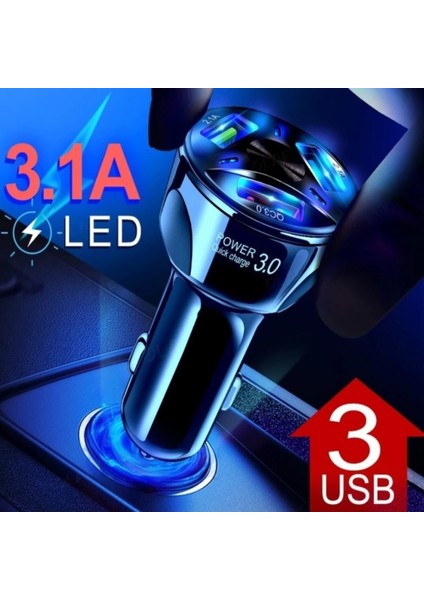 A3 Universal Araç Şarj Adaptörü -3 Girişli + J11 Micro USB 90 Derece 2.4A Şarj Kablosu -1mt