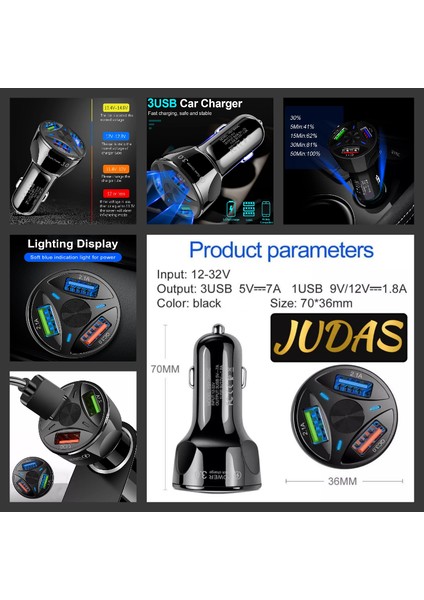 A3 Universal Araç Şarj Adaptörü -3 Girişli + J11 Micro USB 90 Derece 2.4A Şarj Kablosu -1mt