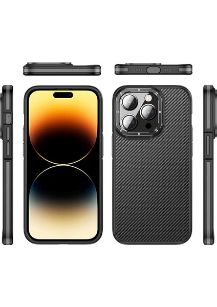 iPhone 14 Pro Uyumlu Kılıf Mat Transparan Karbon Fiber Görünümlü Wlons Marin Kapak