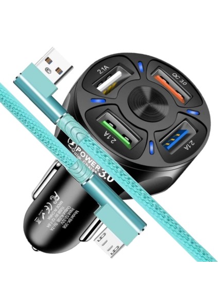 A4 Universal Araç Şarj Adaptörü -4 Girişli + J11 Micro USB 90 Derece 2.4A Şarj Kablosu -1mt