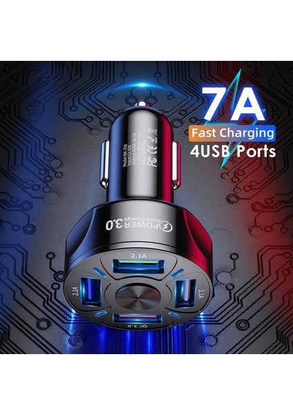 A4 Universal Araç Şarj Adaptörü -4 Girişli + J11 Micro USB 90 Derece 2.4A Şarj Kablosu -1mt
