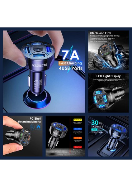 A4 Universal Araç Şarj Adaptörü -4 Girişli + J11 Micro USB 90 Derece 2.4A Şarj Kablosu -1mt