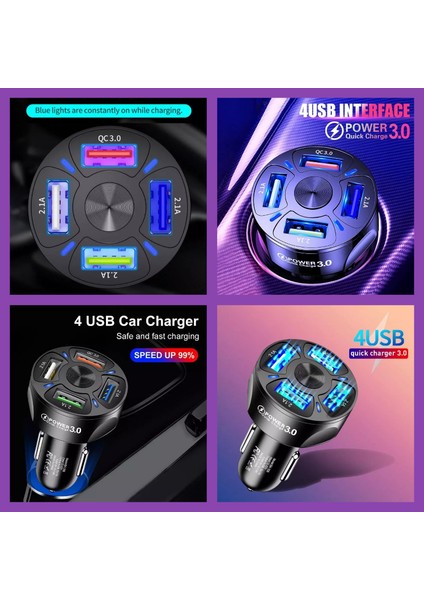 A4 Universal Araç Şarj Adaptörü -4 Girişli + J11 Micro USB 90 Derece 2.4A Şarj Kablosu -1mt