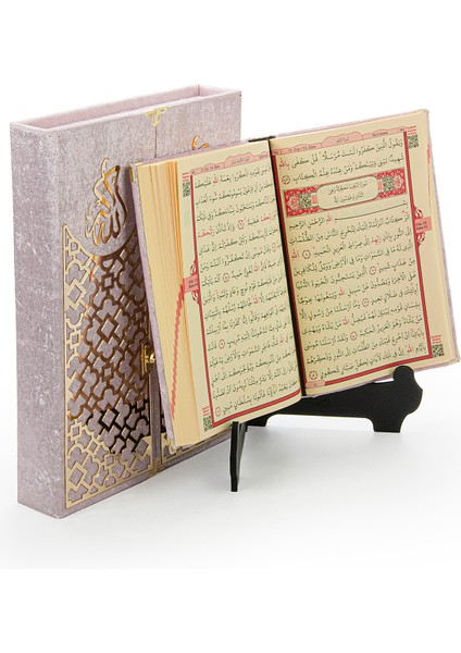 Mültezem Standlı Kadife Kaplı Kuranı Kerim Seti - Pembe