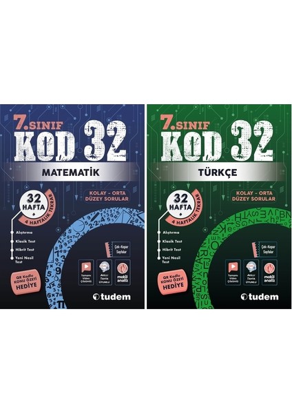 Tudem Yayınları 7. Sınıf Matematik + Türkçe Kod 32 Haftalık Deneme Seti 2 Kitap 2023
