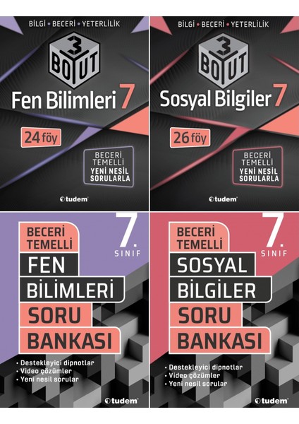 Tudem Yayınları 7. Sınıf Fen Bilimleri + Sosyal Bilgiler 3 Boyut + Beceri Soru Seti 4 Kitap 2023