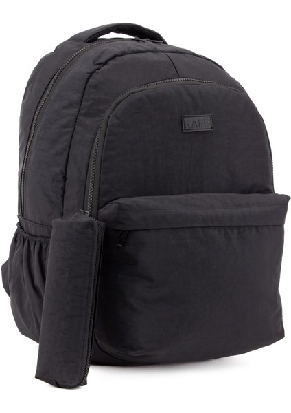 Unisex Siyah 01102-SET Krinkıl Kumaş Kalemlikli Su Geçirmez Çok Gözlü Okul Sırt Çantası