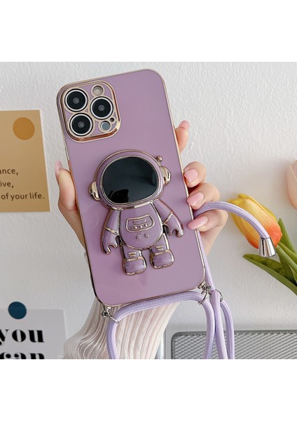 iPhone 11 ile Uyumlu Ipli Boyun Askılı Astronot Figürlü Silikon Kılıf Pastel Renkli Epiphany Kılıf Mor