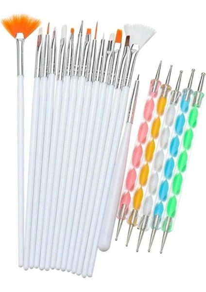 Beyaz Nail Art Tırnak Süsleme Desen Fırça 15'Li Ve Dot Kalem Seti 5'Li 20 Parça
