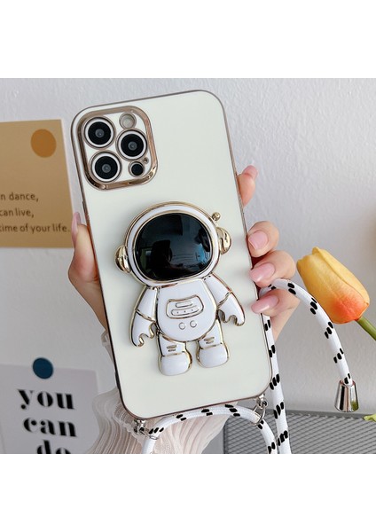 Galaxy S22 Plus ile Uyumlu Ipli Boyun Askılı Astronot Figürlü Silikon Kılıf Pastel Renkli Epiphany Kılıf Beyaz