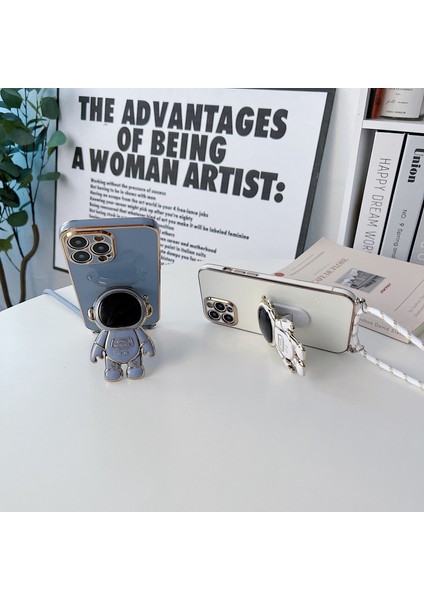 Galaxy M22 ile Uyumlu Ipli Boyun Askılı Astronot Figürlü Silikon Kılıf Pastel Renkli Epiphany Kılıf Siyah