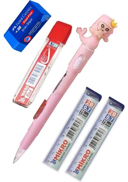 Işıklı Deniz Kızı Uçlu Kalem Seti Pembe 0.7 mm 1 Paket Denizkızı Başlıklı Versatil Kalem Süslü Silikonlu Hediyelik Kalem