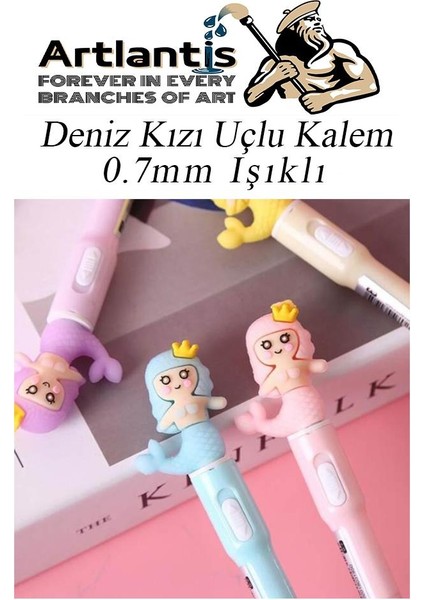 Işıklı Deniz Kızı Uçlu Kalem Seti Pembe 0.7 mm 1 Paket Denizkızı Başlıklı Versatil Kalem Süslü Silikonlu Hediyelik Kalem