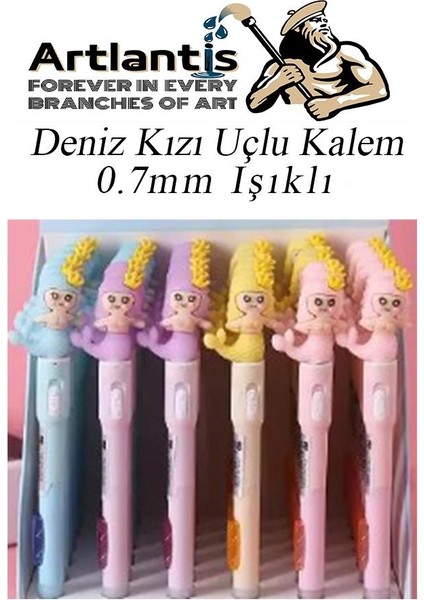 Işıklı Deniz Kızı Uçlu Kalem Seti Pembe 0.7 mm 1 Paket Denizkızı Başlıklı Versatil Kalem Süslü Silikonlu Hediyelik Kalem