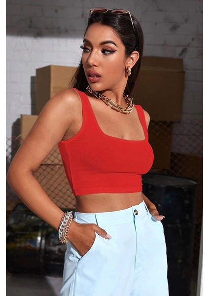 Kadın Kırmızı Askılı Crop Top Bluz indirimleri