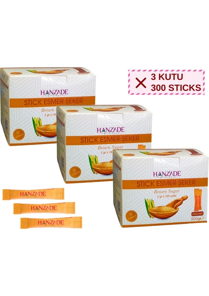 Hanzade Bitkisel Stick Kahverengi Esmer Şeker 100 Sticks 300 gr x 3 Adet