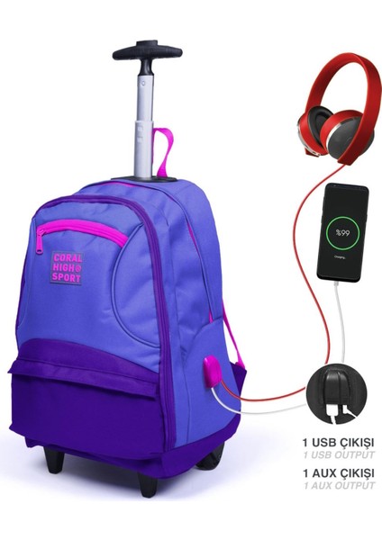 Unisex Çok Gözlü Çekçekli Dört Bölmeli Usb'li Tekerlekli Okul Çantası Mor 23252