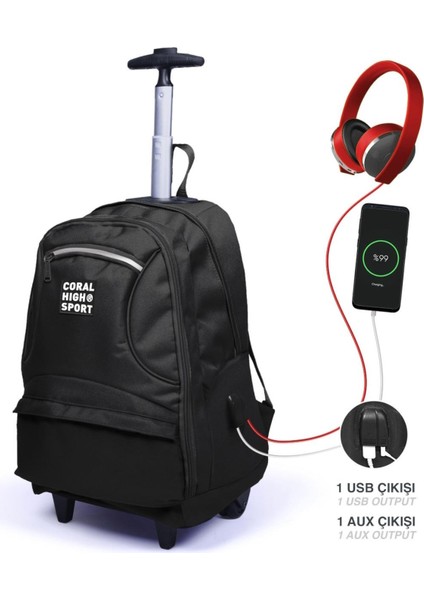 Unisex Çok Gözlü Çekçekli Dört Bölmeli Usb'li Tekerlekli Okul Çantası Siyah 23251