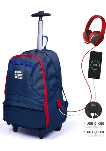 Unisex Çok Gözlü Çekçekli Dört Bölmeli Usb'li Tekerlekli Okul Çantası Lacivert 23254