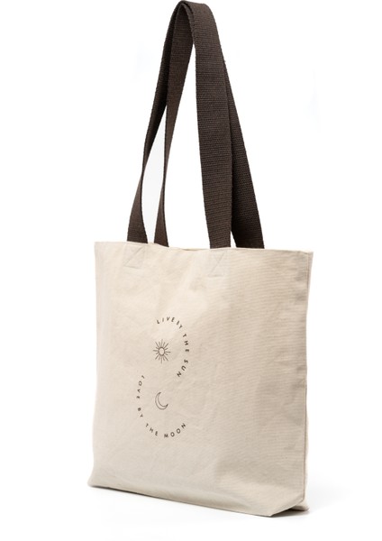 Beige Canvas Tote Bag Renkli Pamuk Kolon Saplı ve Baskılı Orta Boy Bej Kanvas Tote Omuz Çantası