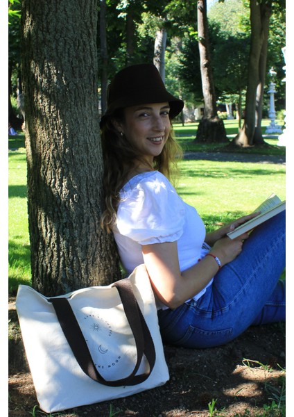 Beige Canvas Tote Bag Renkli Pamuk Kolon Saplı ve Baskılı Orta Boy Bej Kanvas Tote Omuz Çantası