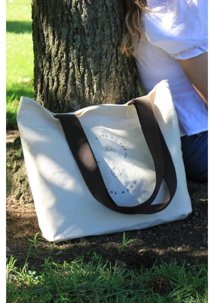 Beige Canvas Tote Bag Renkli Pamuk Kolon Saplı ve Baskılı Orta Boy Bej Kanvas Tote Omuz Çantası