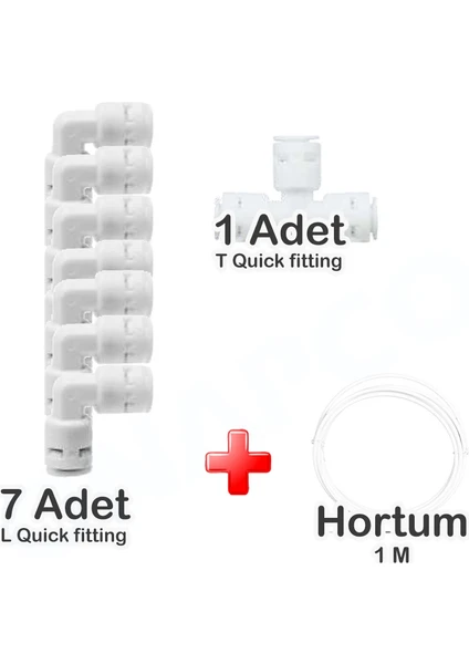 Su Filtreleri İçin Hızlı Bağlantı Seti 6 Adet L Bağlantı + 1 Adet T Bağlantı + 1 Metre Hortum 1/4"