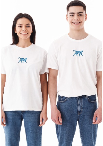 kedi Desenli Flok Baskılı %100 Pamuk Unisex Bisiklet Yaka Kısa Kollu Tişört