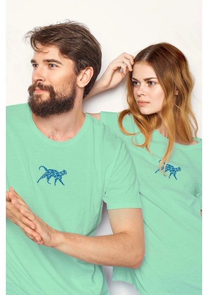 kedi Desenli Flok Baskılı %100 Pamuk Unisex Bisiklet Yaka Kısa Kollu Tişört