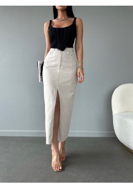 Kadın Yüksek Bel Önden Yırtmaçlı Altı Kesik Uzun Etek