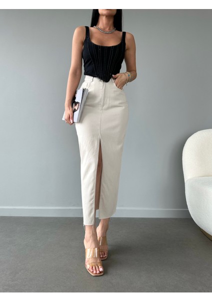 Kadın Yüksek Bel Önden Yırtmaçlı Altı Kesik Uzun Etek fiyatları