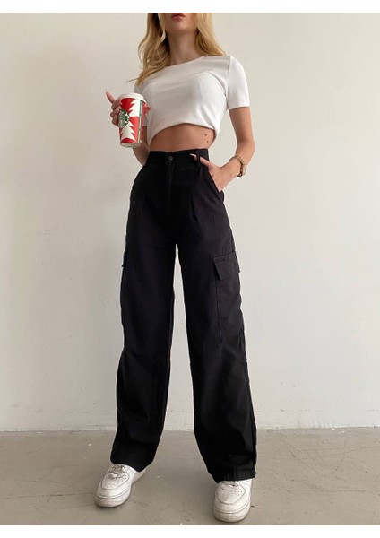 Kadın Siyah Yüksek Bel Kargo Cepli Geniş Paça Palazzo Pantolon