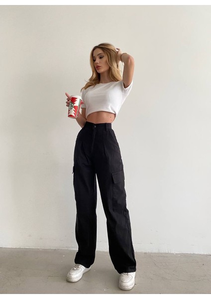 Kadın Siyah Yüksek Bel Kargo Cepli Geniş Paça Palazzo Pantolon fırsatları