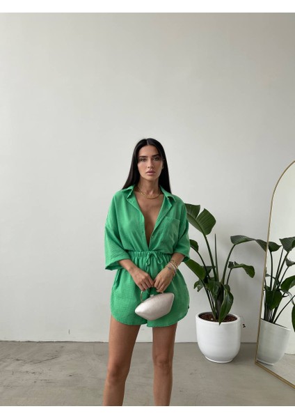 Kadın Yeşil Oversize Gömlek Şort Takımı