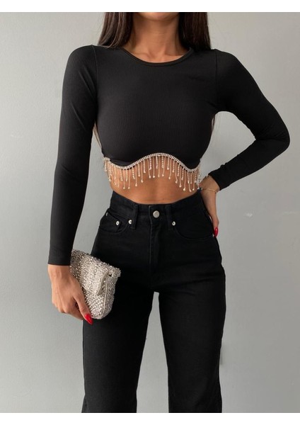 Kadın Siyah Beli Zincir ve Taş Detaylı Crop Bluz Kaşkorse Kumaş