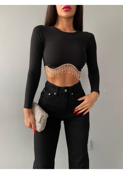 Kadın Siyah Beli Zincir ve Taş Detaylı Crop Bluz Kaşkorse Kumaş fiyatları