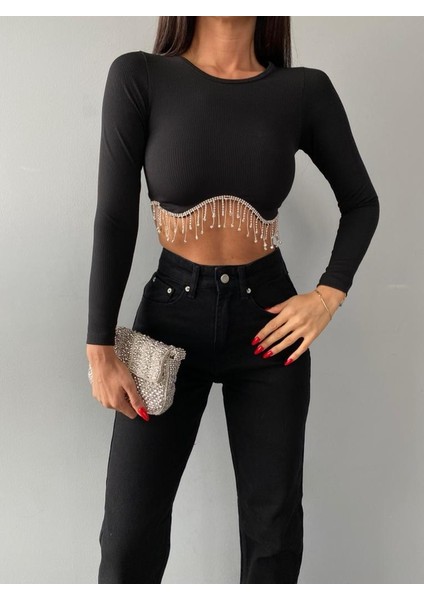 Kadın Siyah Beli Zincir ve Taş Detaylı Crop Bluz Kaşkorse Kumaş indirimleri