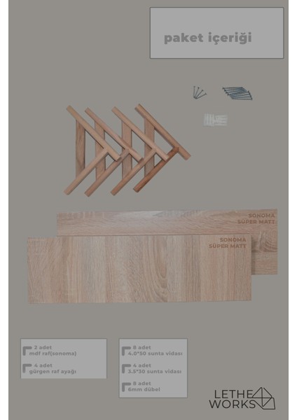 Duvar Rafı (2’li Sonoma Mdf Lam Raf (Ahşap Ayaklı))