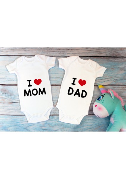 Özel Tasarım I Love Mom I Love Dad Anne Baba Ikili Bebek Body Beyaz Badi Zıbın