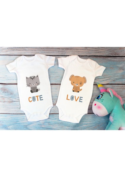 Özel Tasarım Lisanslı Sevimli Kedi Köpek Ikili Bebek Body Anne Baba Bebek Badi Zıbın