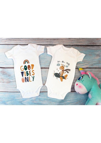 Organik %100 Pamuk Kısa Kollu Beyaz Good Vibes Ikili Bebek Body Bebek Badi Çıtçıtlı Zıbın