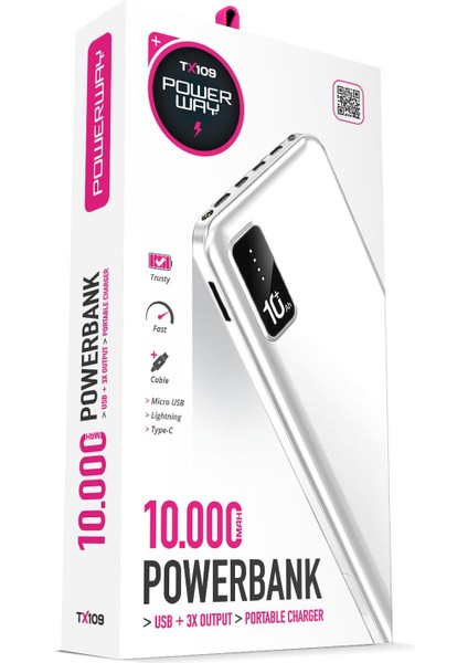 10.000 Mah Kablolu Dijital Göstergeli 10.000 Mah Garantili Dahili Stand TX109 Beyaz Powerbank