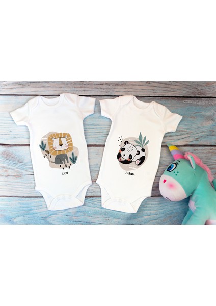 Özel Tasarım Lisanslı Sevimli Aslan Panda Ikili Bebek Body Beyaz 2'li Bebek Zıbın