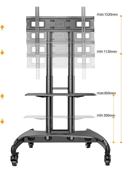 AVA1500-60-1P LCD LED OLED Plazma Düz Panel Ekranlar Için 32-75 Inch Tuv Sertifikalı Tekerlekli Profosyonel Tv Sehpası