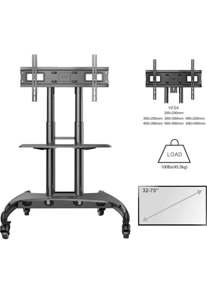 AVA1500-60-1P LCD LED OLED Plazma Düz Panel Ekranlar Için 32-75 Inch Tuv Sertifikalı Tekerlekli Profosyonel Tv Sehpası