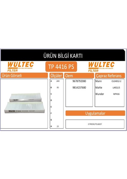 TP 4416 PEUGEOT 301 Citroen C-Elysee 1.2 Vtı-1.6 Vtı Uyumlu Polen Filtresi